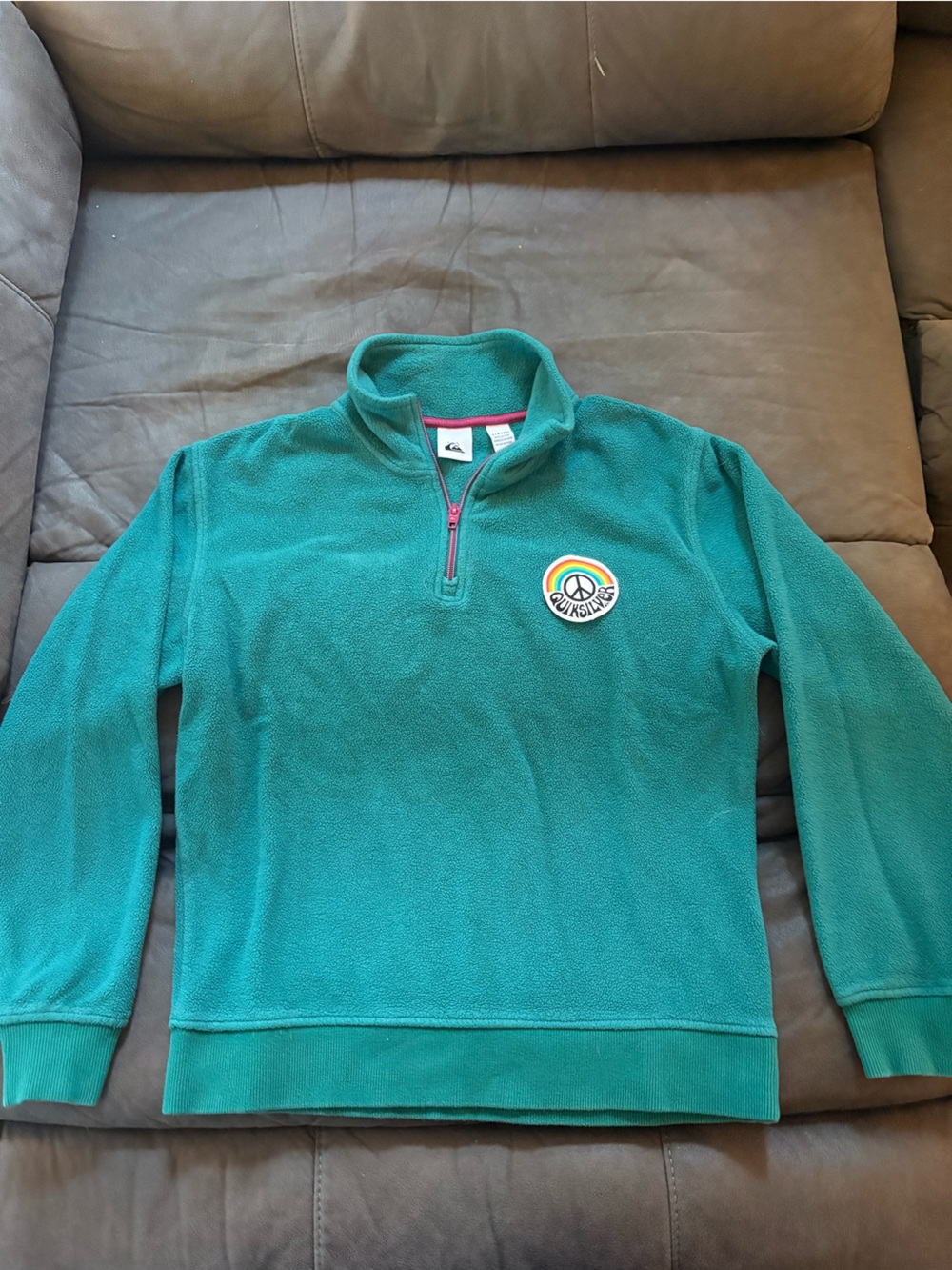 Retro Quiksilver Teal Half-Zip Fleece with Peace Patch and Pink Trim